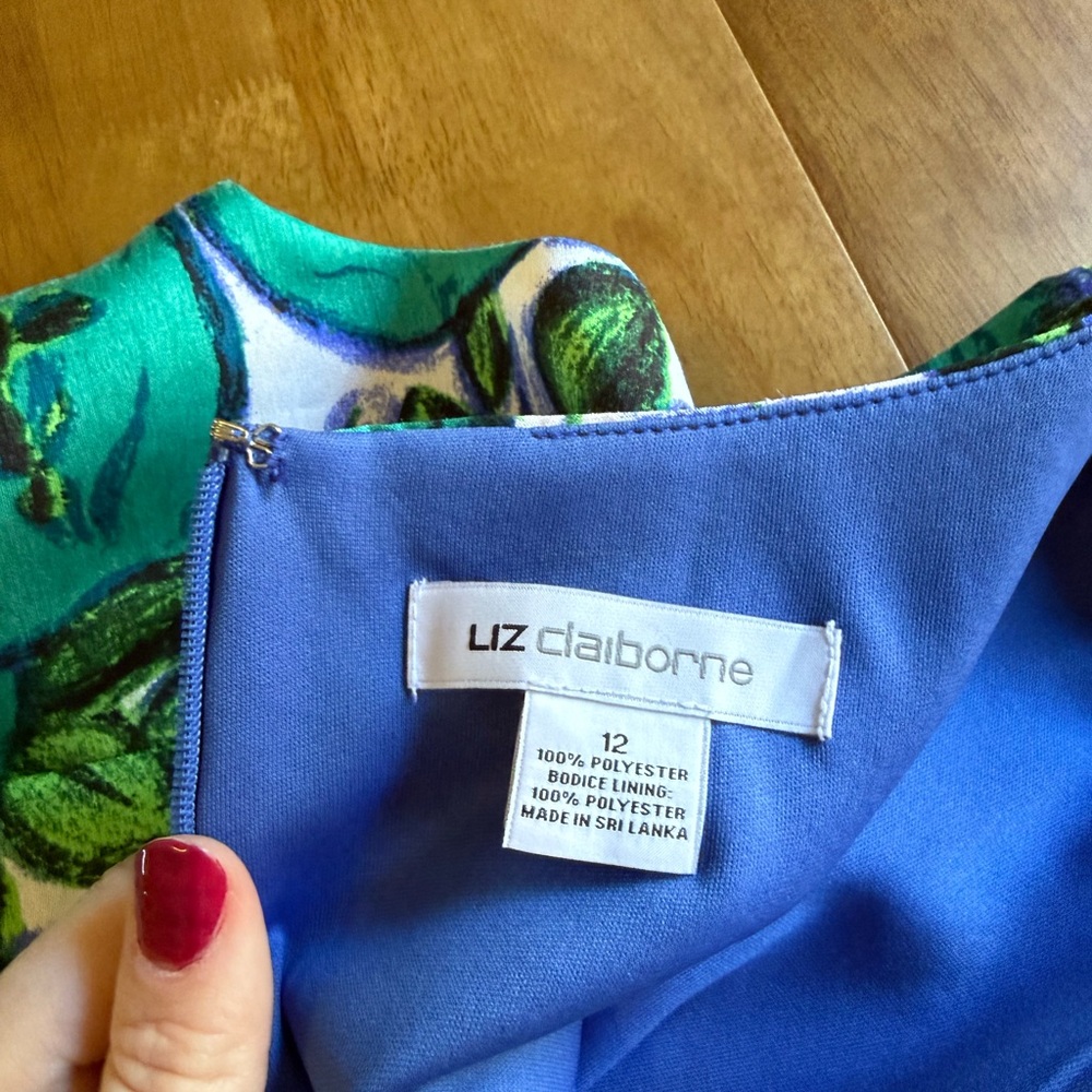 Liz Claiborne Green & Blue Floral Jacquard Fit & Flare Dress | Size 12 - Picture 11 of 12